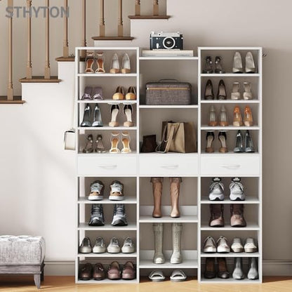 Tall Shoe Rack, 9 Tiers Large Shoe Cabinet with Fabric Drawers, Holds up to 44 Pairs, Modern Entryway Shoe Shelves Organizer with 21 Open Cubbies, Wooden Shoe Rack for Closet, Hallway, White