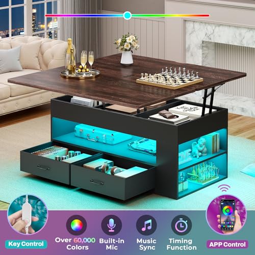 Itaar Lift Top Coffee Table, 4 in 1 Coffee Tables with Storage and Hidden Compartment, Farmhouse Coffee Table with 2 Fabric Drawers & LED Light for Living Room, Black - color: Black