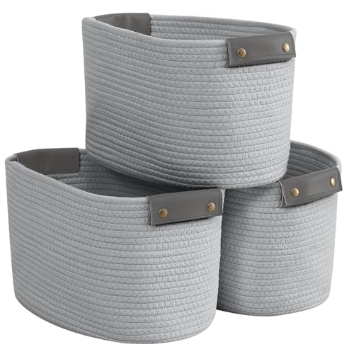 3 Pack Woven Cotton Rope Storage Basket, 15x10x9, Gray | Faux Leather Handles; Decorative Closet Shelf Organizer; Ideal for Storage & Organization - color: Gray