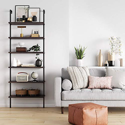 Nathan James Theo 6-Shelf Tall Bookcase, Wall Mount Bookshelf with Natural Wood Finish and Industrial Metal Frame, Nutmeg/Matte Black - color: Nutmeg/Matte Black, size: 1