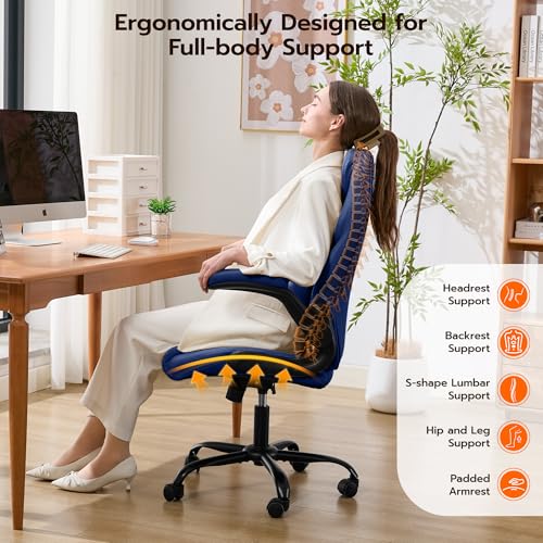 Ylzyxal Office Desk Chair, Ergonomic Computer Chair with Padded Flip-Up Arms and Adjustable Lumbar Support, PU Leather Executive Chair with Tilt Lock and 360° Swivel Rolling Wheels for Work, Study - color: Blue