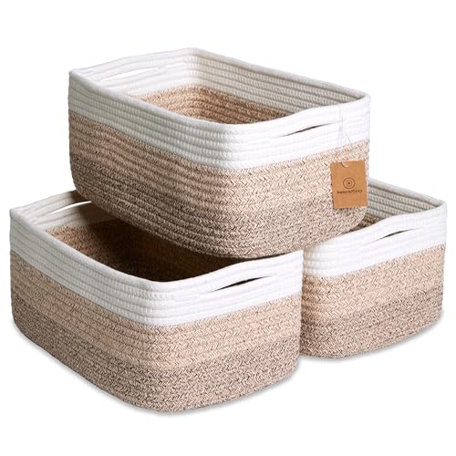 NaturalCozy 13.5”x8.5”x5.5” Storage Baskets for Shelves 3 Pack | Cotton Rope Woven Small Baskets for Organizing | Small Storage Bins for Nursery, Bathroom, Closet, Cube Shelf, Decorative, Gift - color: 3-Tone Brown, size: 13.5" x 8.5" x 5.5"