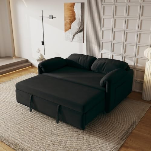 anwickjeff 54'' Corduroy 3-in-1 Convertible Sofa Bed, Pull Out Sleeper Loveseat Couch with USB Ports & Storage Pockets, Futon Couches for Small Space, Living Room, Apartment (Black) - color: Black