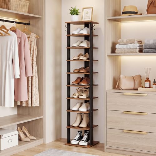 HOOBRO 10 Tiers Vertical Shoe Rack, Wooden Shoe Storage Organizer with Hooks, Narrow Shoe Tower for 10 Pairs, Space Saving, for Entryway, Living Room, Bedroom, Rustic Brown BF141XJ01 - color: Rustic Brown, size: 10 Tier (11"W)