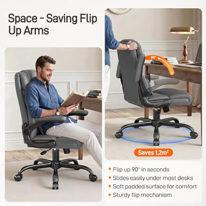 Office Chair, Executive Mid-Back Computer Desk Chair with Flip-up Armrests | 300 Lbs Ergonomic Leather Swivel PC Chair with Rock Function for Working Studying (Gray) - color: Grey