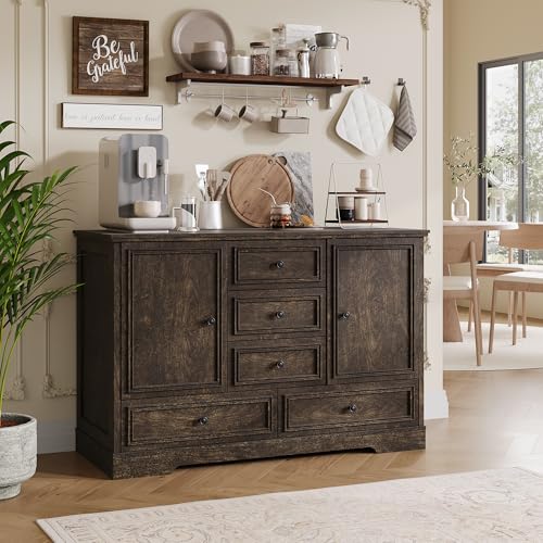GarveeHome 47" Farmhouse Sideboard Buffet Cabinet, Sideboard Storage credenza with 5 Drawers and 2 Doors, Wood Coffee Bar Cabinet, Buffet Table for Dining Room Living Room, Brown - color: Brown