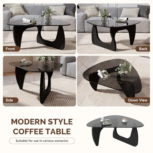 Modern Glass Coffee Table, Triangle Center Table with Tempered Glass Top& Unique Wooden Base, 35.5” Mid Century Tea Tables for Living Room, Apartment, Office,Black & Grey - color: Black & Grey, size: Medium 35.5*25.5*15.7in