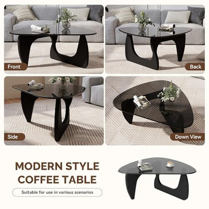 Modern Glass Coffee Table, Triangle Center Table with Tempered Glass Top& Unique Wooden Base, 31.5” Mid Century Tea Tables for Living Room, Apartment, Office,Black & Grey - color: Black & Grey, size: Small 31.5*19*15.7in