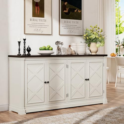 63 Inches Buffet Cabinet with Storage, Large Sideboard Cabinet with 4 Barn Doors, Adjustable Shelves, Wood Coffee Bar Station for Kitchen, Living Room, Off White - color: Off White