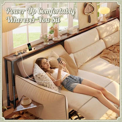 Huuger 118.1 Inch Sofa Table with Power Outlets, 23.9’’-34.4’’ Height Adjustable Range, Behind Couch Table with USB-C Ports, Sofa Tables Narrow Long, Skinny Console Table, Small Spaces, Rustic Brown - color: Rustic Brown, size: 118.1''W x 23.9''-34.4''H