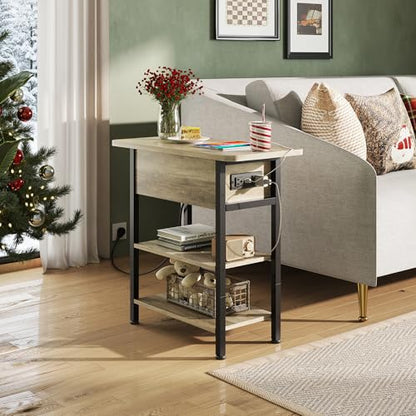 WLIVE 3-Tier End Table with Charging Station Flip Top Narrow Nightstand | 2 USB Ports+2 AC Outlets; Flip Top Hidden Storage; 2 Open Shelves; Small Space Living Room Bedroom; Sturdy Carbon Steel Frame - color: Greige