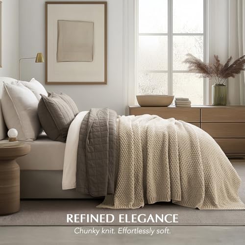 EVERGRACEHOME Chunky Chenille Knit Throw Blanket, 90 x 90, Sand Dune | Sculpted Moss Stitch, Chic Modern Farmhouse, All-Season Warmth, OEKO-TEX® Certified, Oversized Queen for Couch, Bed, Sofa - color: Sand Dune, size: 90" X 90"