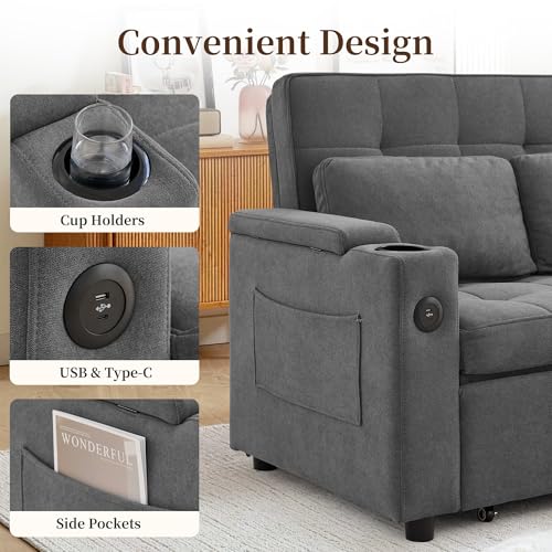 Korser 55.5'' 3-in-1 Convertible Sofa Bed, Pull Out Couch with 5-Position Adjustable Backrest, Loveseat Sleeper Sofa for Small Spaces, Sofa Couch with Cup Holders for Living Room, Office, Chenille - color: Dark Grey
