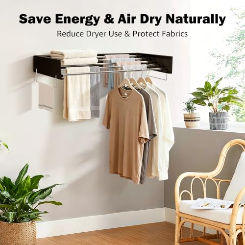 Wall Mounted Drying Rack 32" – Foldable Clothes Drying Rack Wall Mounted, 65LBS Laundry Rack Wall Mounted, Retractable Clothes Rack for Laundry Room, Indoor & Outdoor Space Saver, 5 Rods, Black - color: Black