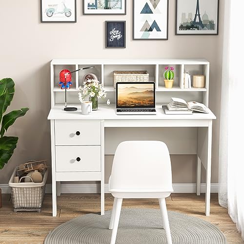 Tangkula White Desk with Drawers & Hutch, Modern Home Office Desk Writing Study Desk with Charging Station, Laptop Desk with 5 Storage Compartments, Computer Workstation Makeup Vanity Desk - color: White