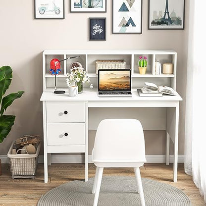 Tangkula White Desk with Drawers & Hutch, Modern Home Office Desk Writing Study Desk with Charging Station, Laptop Desk with 5 Storage Compartments, Computer Workstation Makeup Vanity Desk - color: White
