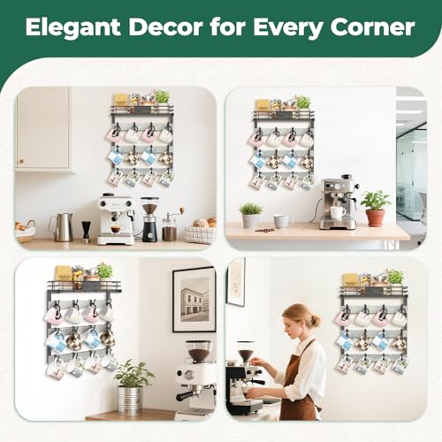 EsLuker.ly Coffee Mug Holder Cup Hanger Wall Mounted Display Rack | Metal Organizer with 12 Movable Plastic Hooks, Wood Rustic Shelf for Coffee Bar Home Kitchen, Thoughtful Wall Storage, Grey - style: 12 Movable Hooks Light Grey Style