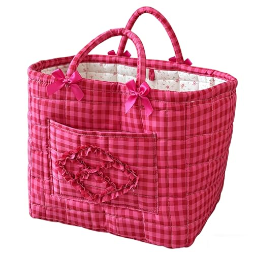 vctops Gingham Fabric Quilted Storage Basket for Organizing, Basket Organizer Gift Baskets with Handles, Storage Bins for Toys, Books, Towels, and Clothes, Collapsible Fabric(Rose,13"x10.6"x10") - color: Rose
