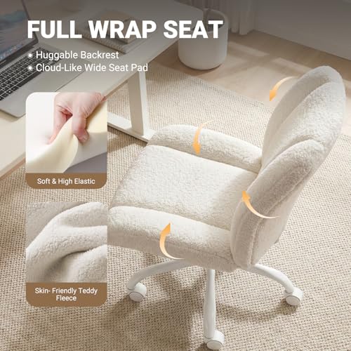 Vanity Chair with Wheels, Armless Office Chair Height Adjustable, Cute Desk Chair with Soft Lumbar Support for Small Space, Bedroom, Make-up Room, White - color: White