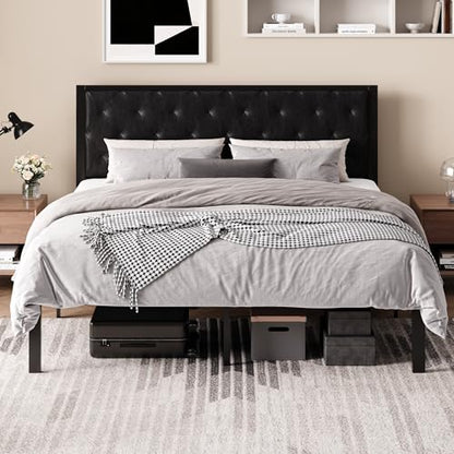 SHA CERLIN King Size Metal Bed Frame with PU Tufted Headboard, Black | Modern Design Heavy-Duty Platform Bed, No Box Spring Need, PU Leather Upholstery, Noise Free, Easy Assembly - color: Black, size: King