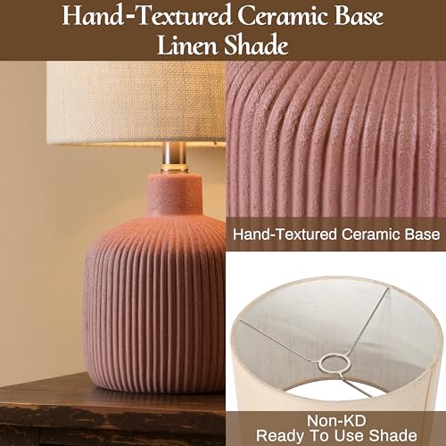 Ceramic Table Lamp, 17.75" Rustic Farmhouse Bedside Lamp with Beige Linen Shade, Warm Ambient Nightstand Lighting for Bedroom or Living Room, Painted Terra - color: Terracotta