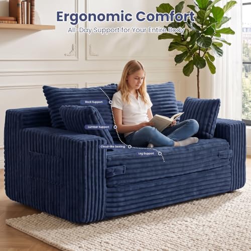3-in-1 Convertible Sofa Bed: Boneless Loveseat Sleeper & Folding Couch Bed with 4 Pillows & Detachable Cushion,Furry Futon Couch for Bedroom,Apartment,Office and Living Room, No Assembly,Blue - color: Blue, size: Loveseat Sofa