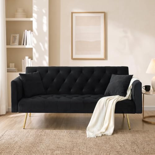 71" Modern Velvet Sofa Bed Futon, Convertible Sleeper Couch, Adj. Backrest (Black-Velvet) - color: Black-velvet