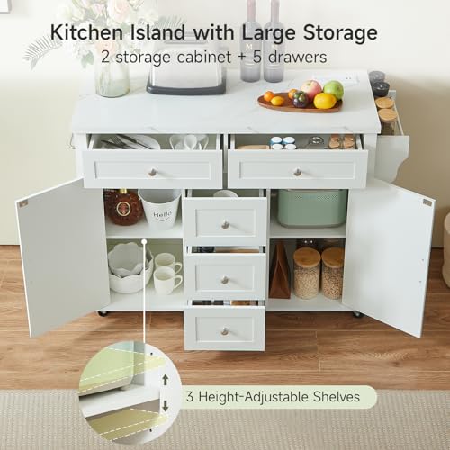 47" Kitchen Island with 2 Storage Cabinets & 5 Drawers, White | Mobile Island Table for Kitchen with Imitation Marble Drop Leaf, Rolling Island Cart with Power Outlet, Spice Rack - color: White