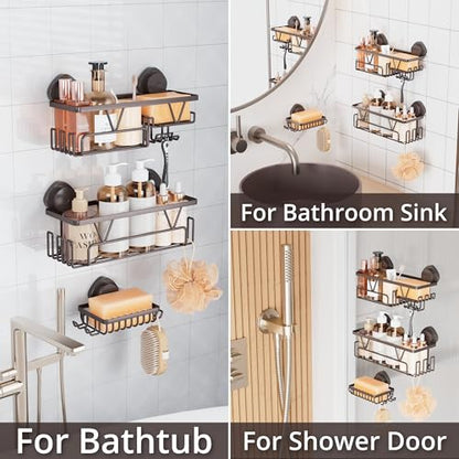 KEGII Shower Caddy Suction Cup 3 Pack, Bathroom Organizer Shelf, Bronze | Removable Rustproof Stainless Steel Rack with Soap Holder and Hooks, No Drill Shower Storage for Shampoo and Bathroom Items