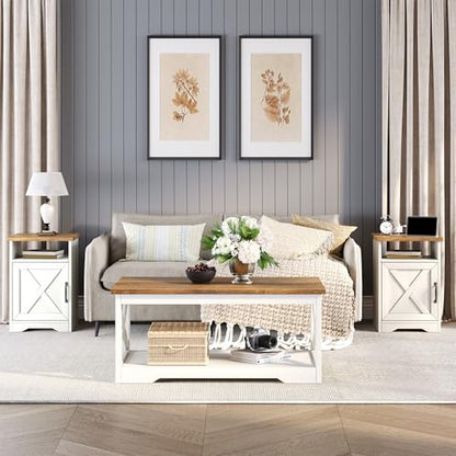 3 Piece Living Room Table Set with Barn Door, Distressed White | Includes Coffee Table and 2 End Tables, Charging Station &USB Ports, Rustic Farmhouse Style, Living Room Furniture Set - color: Distressed White