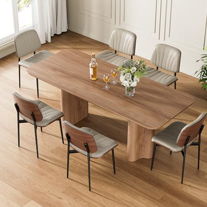 Dining Chairs Set of 2, Mid-Century Modern Upholstered PU Leather Chairs | with Walnut Bentwood Back and Metal Legs Adjustable Feet for Kitchen Dining Room, Greige Shell Strips - color: Greige Shell Strips