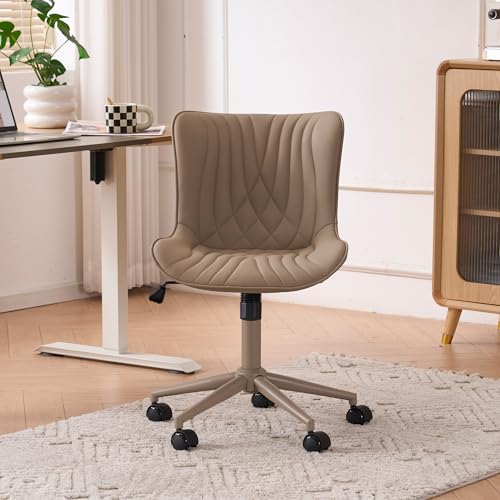 YOUTASTE All Khaki Office Chair, Modern Armless Desk Chair with Back, Adjustable Swivel Rolling Faux Leather Task Chair with Wheels Metal Base for Home Office, Study, or Vanity - color: All Khaki