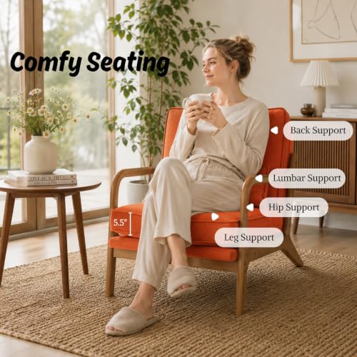 Karl home Mid-Century Modern Accent Reading Chair, Burnt Orange | Linen Upholstered, Solid Wood Frame, Soft Cushion, Lumbar Pillow, Lounge Armchair for Living Room, Bedroom, Balcony, Study - color: Linen Orange