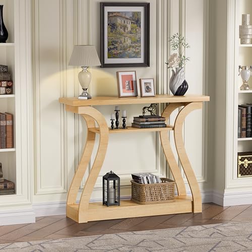 Wood Console Table, 3-Tier Natural Accent Sofa Table | 47" Entry Table with Curved Legs, 3-tier Shelf Modern Accent Sofa Table for Entrance Area, Living room, Hallway - color: Natural