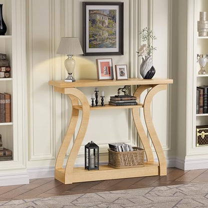 Wood Console Table, 3-Tier Natural Accent Sofa Table | 47" Entry Table with Curved Legs, 3-tier Shelf Modern Accent Sofa Table for Entrance Area, Living room, Hallway - color: Natural