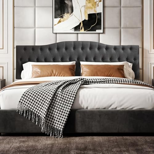 Iroomy Upholstered King Headboard, Button Diamond Tufted Headboard with Adjustable Height and Solid Wood Leg, Velvet Padded Headboards for King Size Bed, Modern Head Board, Dark Grey - color: Dark Grey, size: King