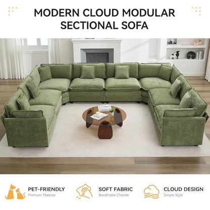 147'' Oversized U Shaped Cloud Sectional Sofa, Chenille Deep Seat Couches for Living Room, Comfy Upholstered Modular Sectional Sofa Couch, Green - color: Green, size: 147'' Oversized U Shape