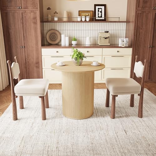 31.5" Round Dining Table for 2 People, Small Kitchen Dinner Table with Fluted Wood Base, Farmhouse Circle Dining Tables for Home, Kitchen, Dining Room, Living Room (Nature) - color: Natural