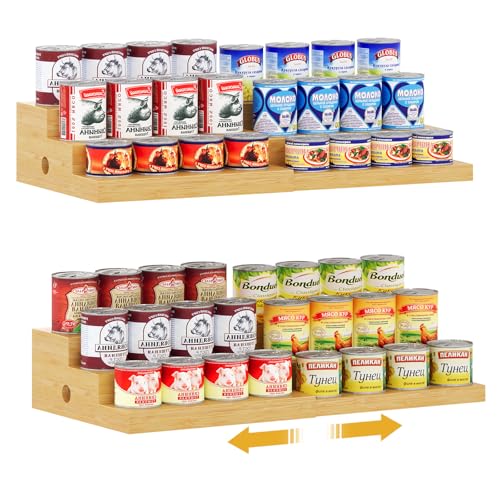 2-Pack Expandable Bamboo Can Organizer for Pantry Display, Holds 48 Cans | 3-Tier Adjustable Can Storage Holder, Soda & Canned Food Organizer Rack for Cabinets & Countertops (Patent Pending) - color: Bamboo, size: （12.4"-24"W × 10.8"D × 4.5"H）*2