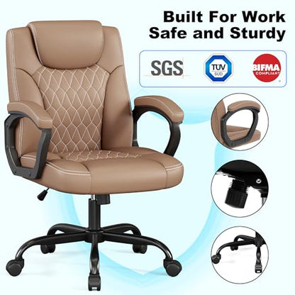 Misolant Office Chair, Executive Desk Chair, PU Leather Comfortable Ergonomic Chairs with Fixed Armrest, Adjustable Height, Rocking Function, 360° Swivel Wheels, Brown - color: Brown