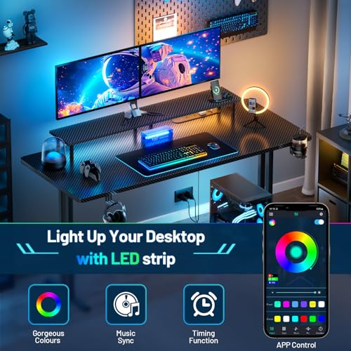 HLDIRECT 47 Inch Gaming Desk with LED Lights & Cable Management, Black | Ergonomic carbon fiber gaming computer desk with 5 sockets, monitor stand, cup holder, headphone hook & mouse pad for gamers - size: 47INCH