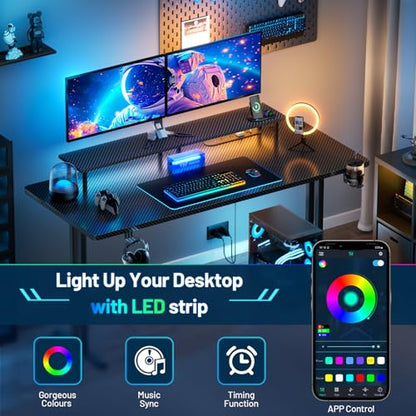 HLDIRECT 63 Inch Gaming Desk with LED Lights & Cable Management, Black | Ergonomic carbon fiber gaming computer desk with 5 sockets, monitor stand, cup holder, headphone hook & mouse pad for gamers - size: 63INCH