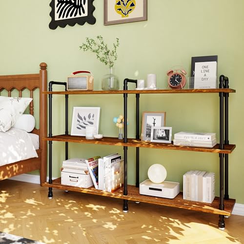 Industrial Bookshelf, Pipe Shelf Bookcase, 3 Tier, 60" Rustic Brown | Solid pine shelves, 60 inch wide, black pipe frame, 70 lbs per shelf, open bookcase for books, plants, office - color: Rustic Brown, size: 60"L × 39"H