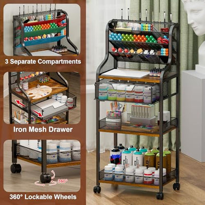 Large 7-Tier Rolling Utility Cart with Drawer, 40in Tall Metal Craft & Art Storage Organizer with Lockable Wheels, Storage for Art Studio, Drawing Room, Paints & Supplies - size: 4 Tiers