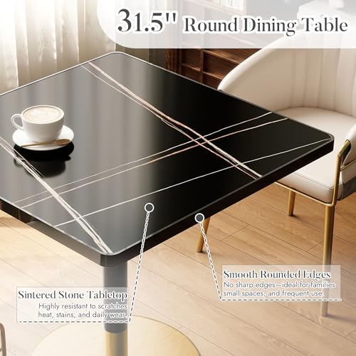 31.5'' Tulip Table, Square Dining Table with Sintered Stone Tabletop | Black Aluminum Alloy Edge & Gold Pedestal, Bistro Table for Dining Room/Café/Small Spaces/Restaurant (Black Gold Vein) - color: Black Gold Vein (Black Edge), size: Square