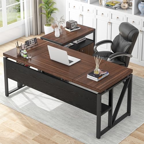 Tribesigns 63" Executive Deskwith Drawer Cabinet, L Shaped Desk and lateral File Cabinet, 2 Piece Home Office Furniture Set with Drawers for Hanging, Doors with Locks - color: Dark Brown, size: 63 inches