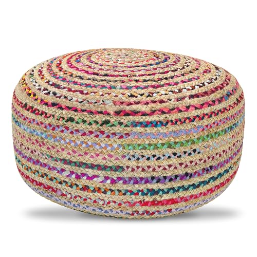 SIMPLIHOME Nate 20" Wide Square Pouf in Light Teal Handwoven Cotton | Versatile boho footstool, braided pouf, extra seating for living room or bedroom with swirl pattern, assembled; pouf ottoman. - color: Multi-color, style: Pouf