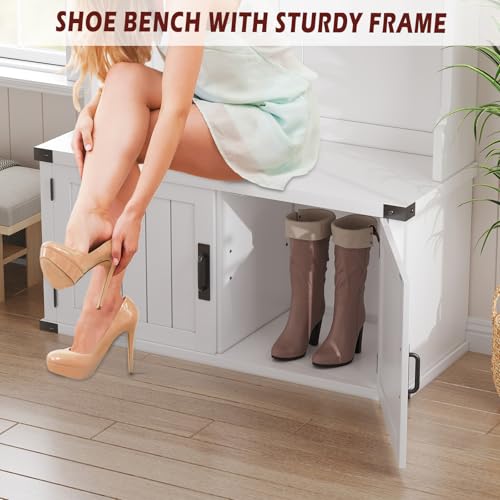 IDEALHOUSE 76" Hall Tree with Bench and Shoe Storage, Farmhouse 4-in-1 Entryway with Coat Rack & 5 Tri-Hooks, Adjustable Shelf, White Mudroom Bench with Storage Seating, Space Saving, White - size: 39"W
