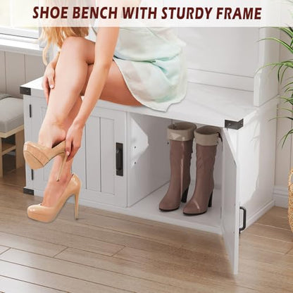 IDEALHOUSE 76" Hall Tree with Bench and Shoe Storage, Farmhouse 4-in-1 Entryway with Coat Rack & 5 Tri-Hooks, Adjustable Shelf, White Mudroom Bench with Storage Seating, Space Saving, White - size: 39"W