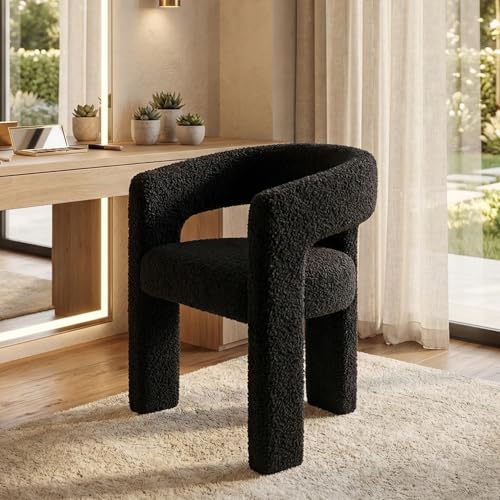 HNY Modern Sherpa Barrel Single Dining Chair, Black | Upholstered Accent Armchair With 18.21" Wide Seat No Assembly Required For Living Room Bedroom Vanity Small Spaces - color: Black Sherpa